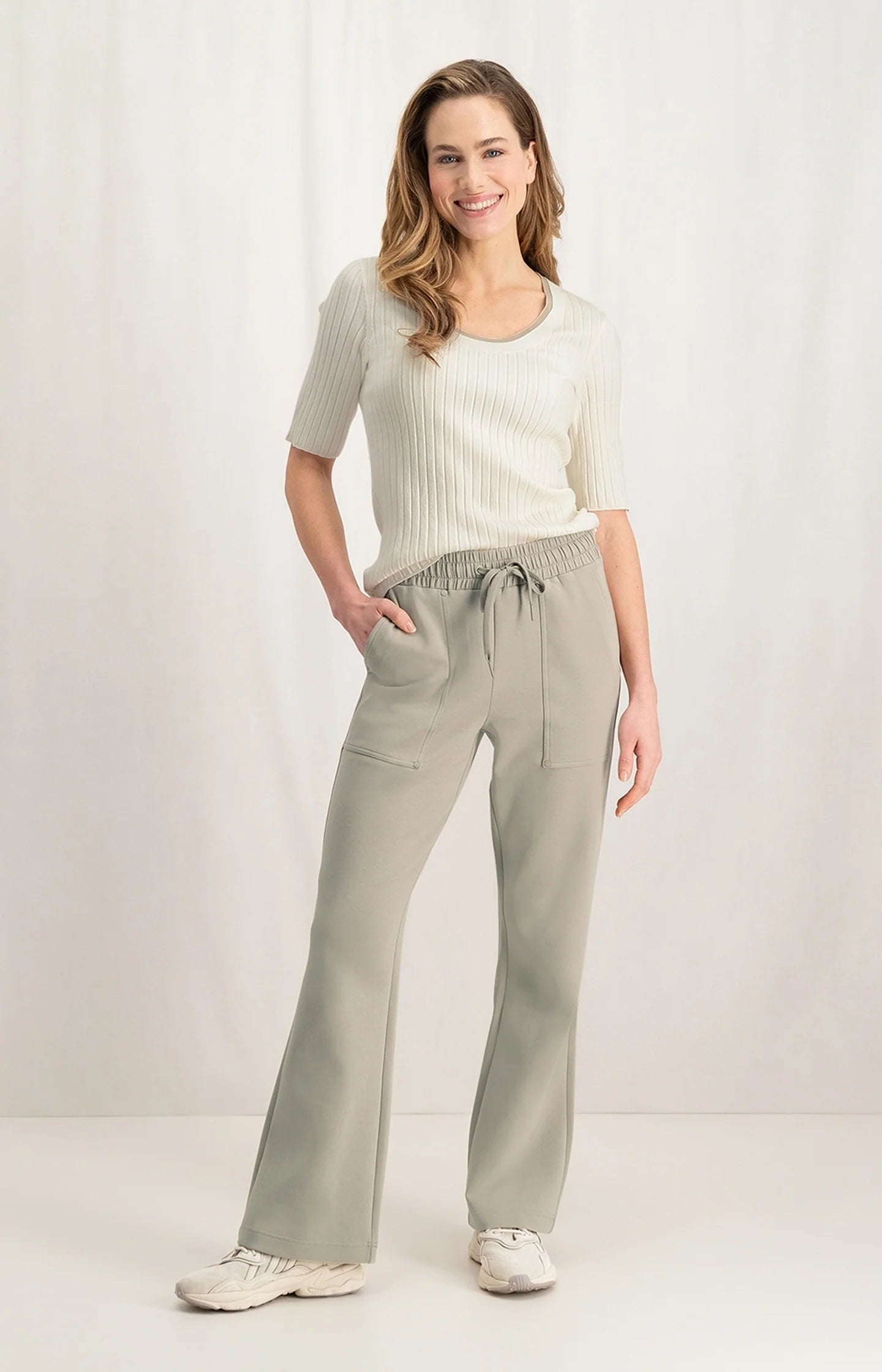 spring 2024 yaya jersey scuba trouser with flared leg and pockets in aluminum beige