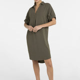 Loose V-neck dress with pleated sleeves