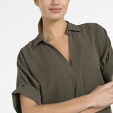 Loose V-neck dress with pleated sleeves