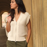 Sleeveless mesh knit cardigan w/zipper closure