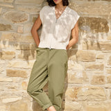 High waist barrel trousers w/ button detail