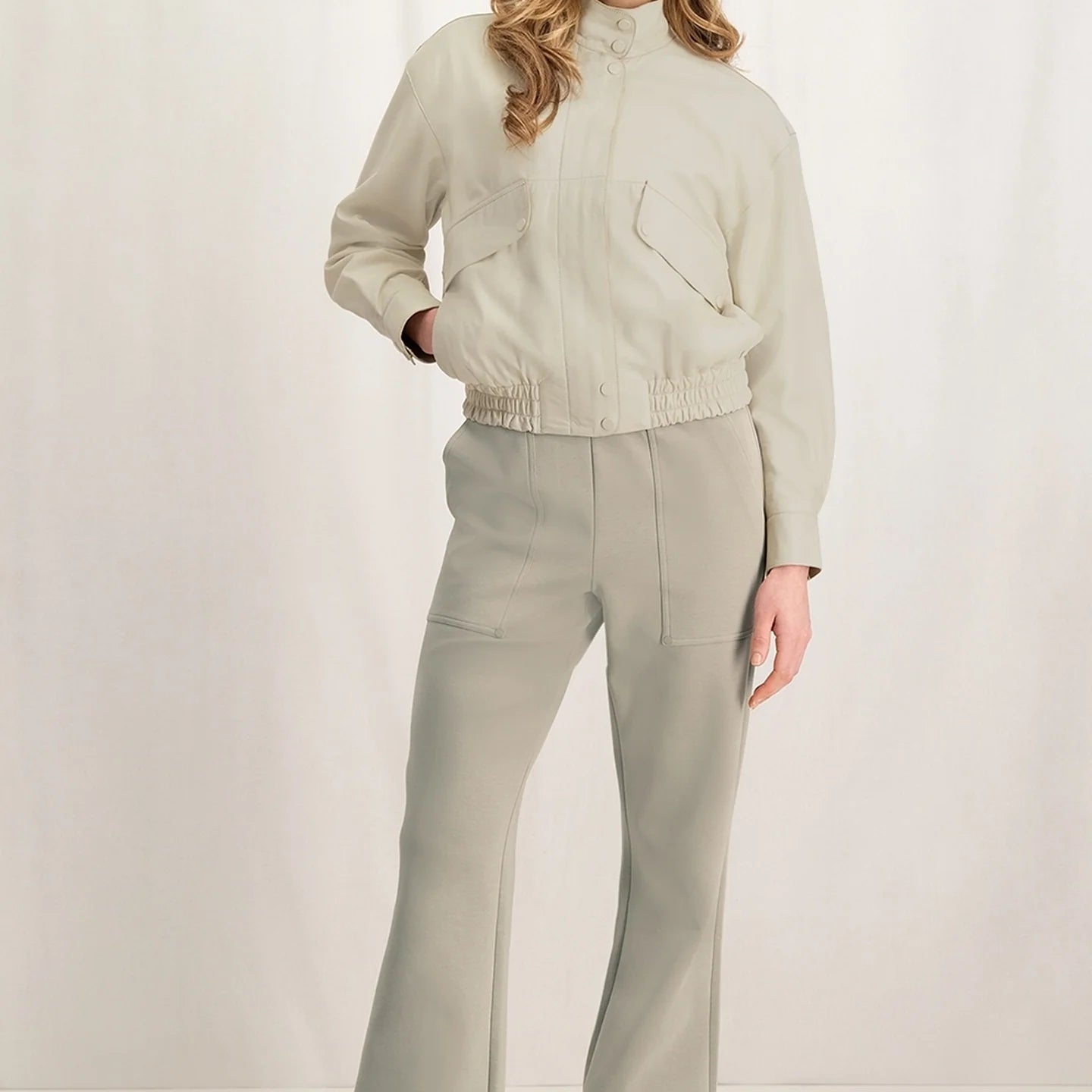 spring 2024 yaya jersey scuba trouser with flared leg and pockets in aluminum beige