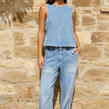 Sleeveless denim top w/ seam details