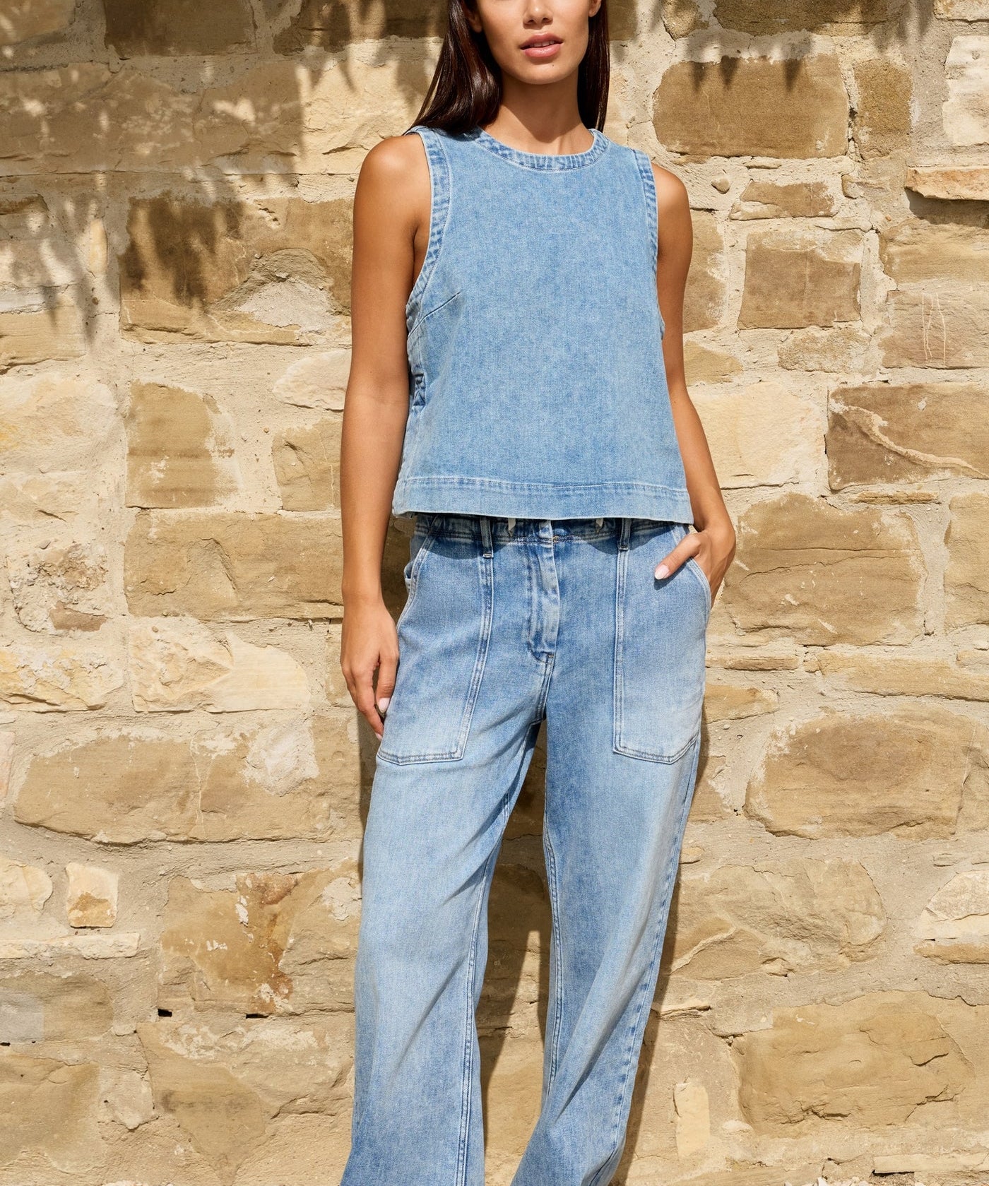 Sleeveless denim top w/ seam details