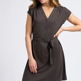 Sleeveless jersey dress w/ V-neck & pleated details