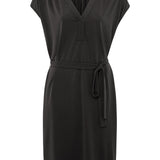 Sleeveless jersey dress w/ V-neck & pleated details