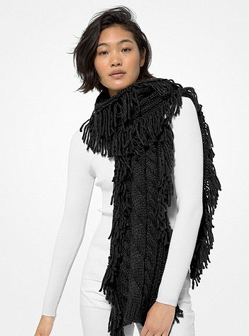 Fringed Cable-Knit Scarf