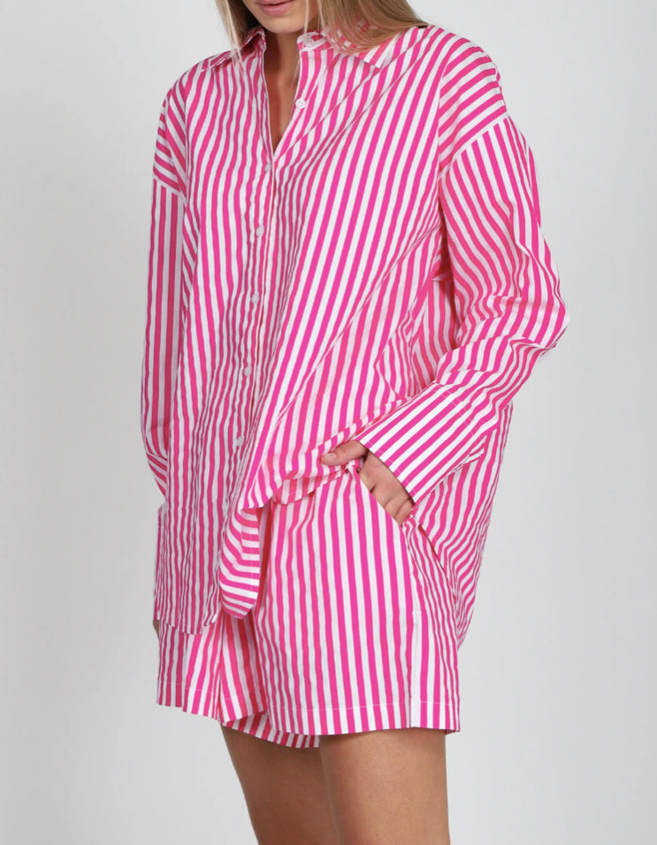 Striped Button Up Shirt - Fushia